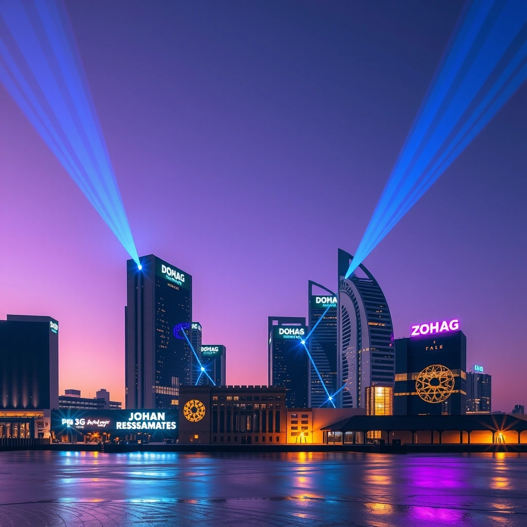 Doha skyline illuminated by 5G connectivity at twilight